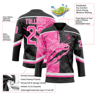 Custom Black Pink-White 3D Pattern Gradient Fashion Scratch Hockey Lace Neck Jersey