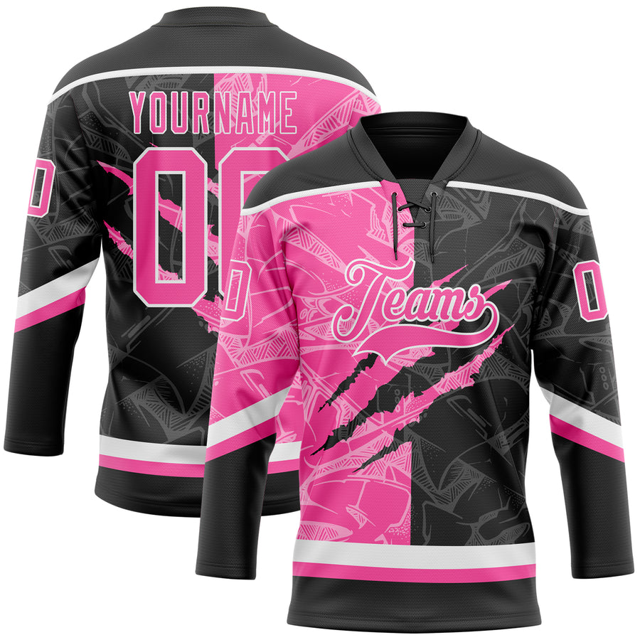 Custom Black Pink-White 3D Pattern Gradient Fashion Scratch Hockey Lace Neck Jersey