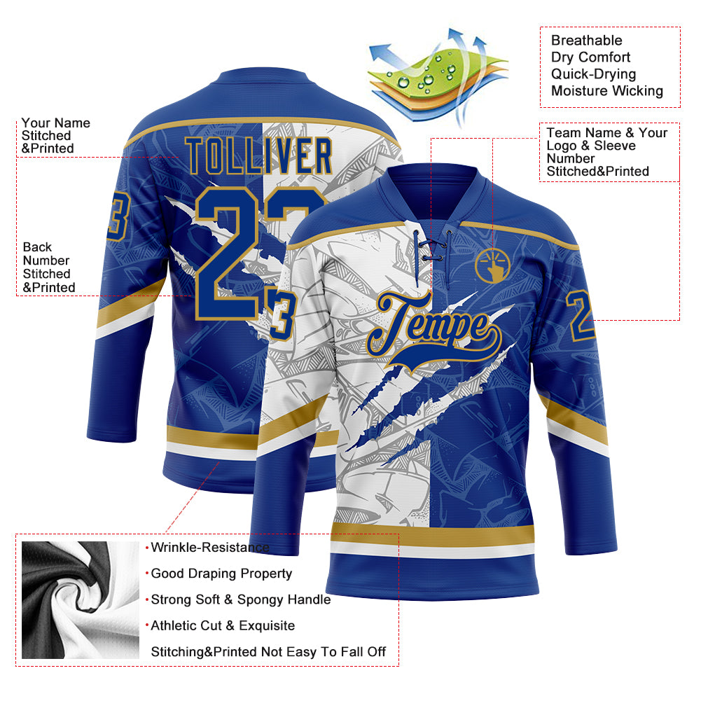 Custom Royal White-Old Gold 3D Pattern Gradient Fashion Scratch Hockey Lace Neck Jersey