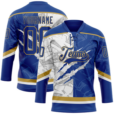 Custom Royal White-Old Gold 3D Pattern Gradient Fashion Scratch Hockey Lace Neck Jersey