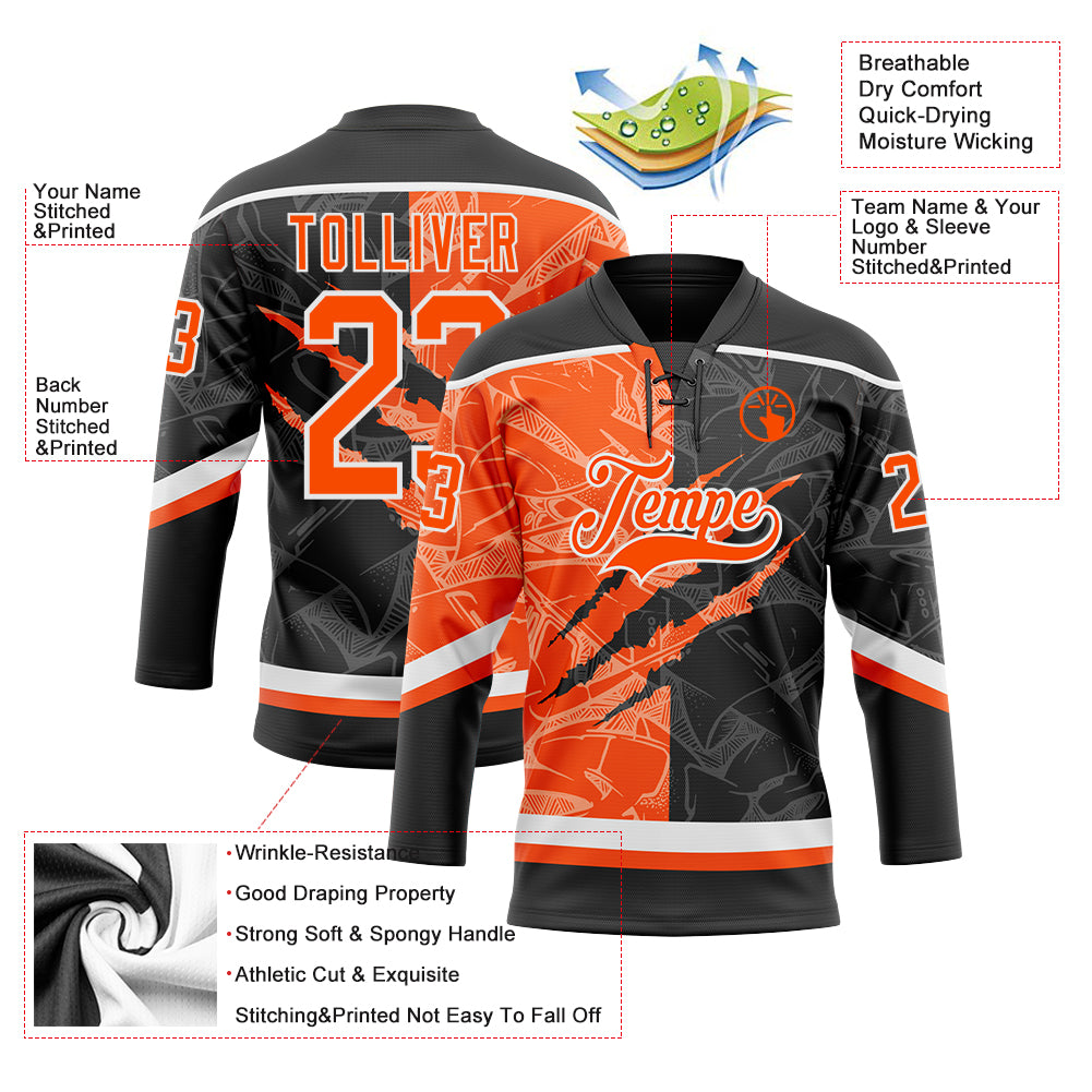 Custom Black Orange-White 3D Pattern Gradient Fashion Scratch Hockey Lace Neck Jersey