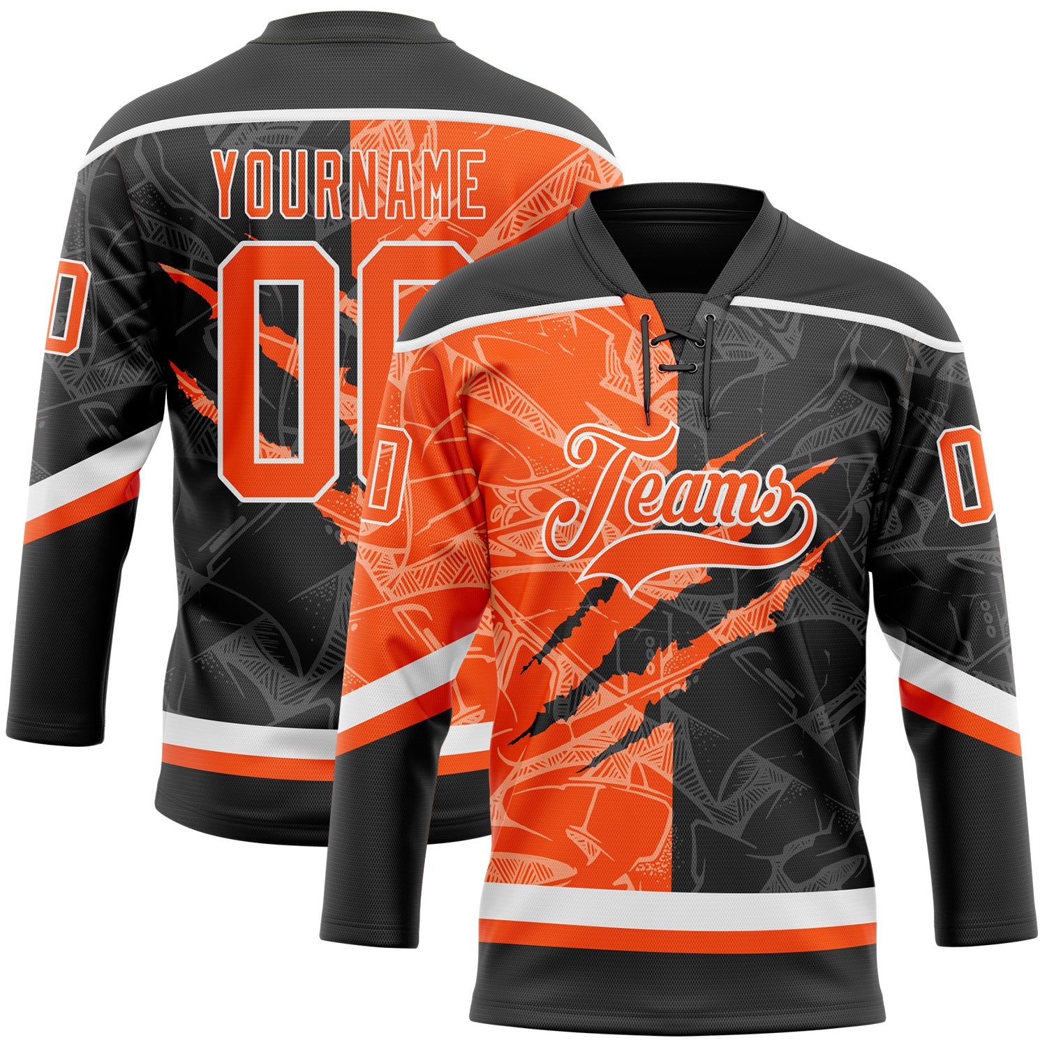 Custom Black Orange-White 3D Pattern Gradient Fashion Scratch Hockey Lace Neck Jersey
