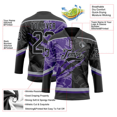 Custom Black Purple-Gray 3D Pattern Gradient Fashion Scratch Hockey Lace Neck Jersey