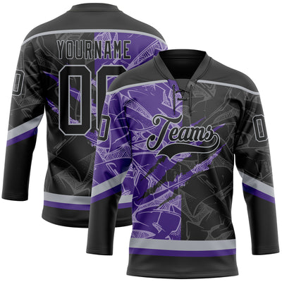 Custom Black Purple-Gray 3D Pattern Gradient Fashion Scratch Hockey Lace Neck Jersey