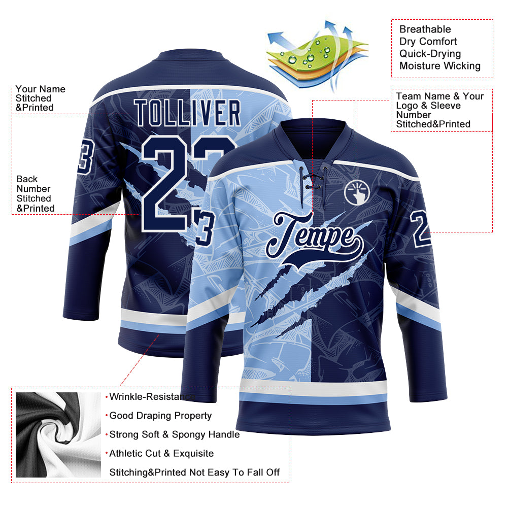 Custom Navy Light Blue-White 3D Pattern Gradient Fashion Scratch Hockey Lace Neck Jersey
