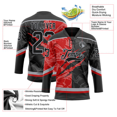 Custom Black Red-Gray 3D Pattern Gradient Fashion Scratch Hockey Lace Neck Jersey