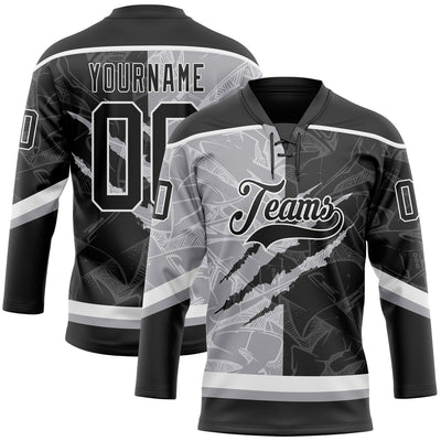 Custom Black Gray-White 3D Pattern Gradient Fashion Scratch Hockey Lace Neck Jersey
