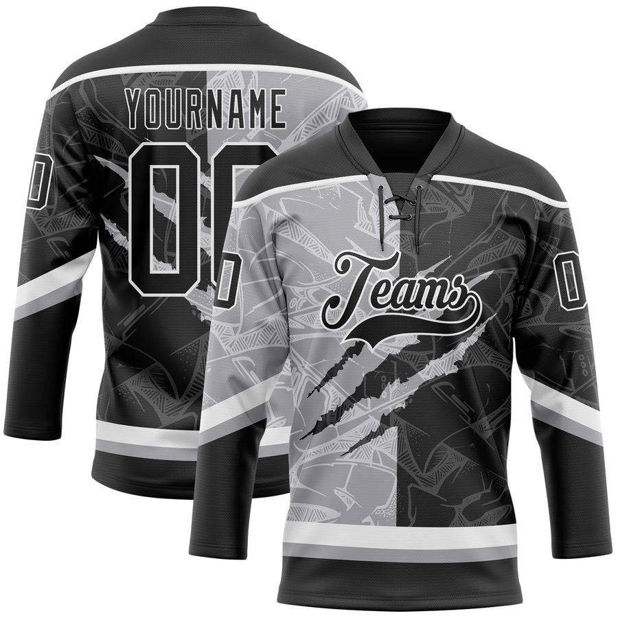 Custom Black Gray-White 3D Pattern Gradient Fashion Scratch Hockey Lace Neck Jersey