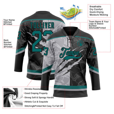Custom Black Teal-Gray 3D Pattern Gradient Fashion Scratch Hockey Lace Neck Jersey