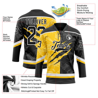 Custom Black Yellow-White 3D Pattern Gradient Fashion Scratch Hockey Lace Neck Jersey