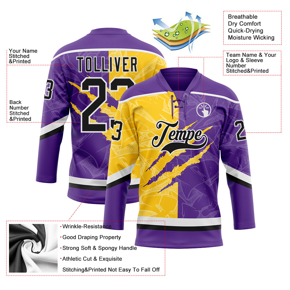 Custom Purple Black Yellow-White 3D Pattern Gradient Fashion Scratch Hockey Lace Neck Jersey