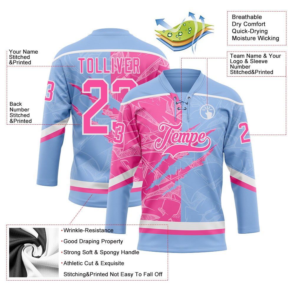 Custom Light Blue Pink-White 3D Pattern Gradient Fashion Scratch Hockey Lace Neck Jersey