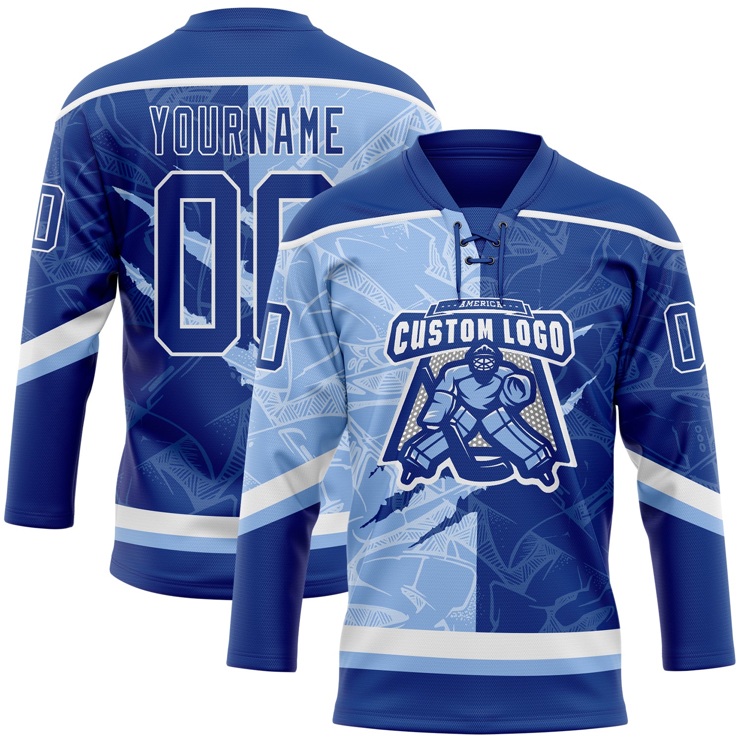 Custom Royal Light Blue-White 3D Pattern Gradient Fashion Scratch Hockey Lace Neck Jersey