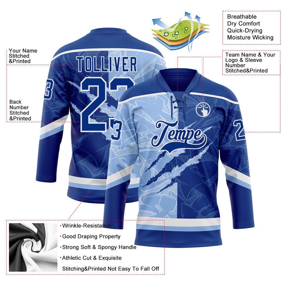 Custom Royal Light Blue-White 3D Pattern Gradient Fashion Scratch Hockey Lace Neck Jersey