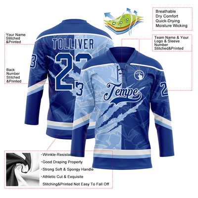 Custom Royal Light Blue-White 3D Pattern Gradient Fashion Scratch Hockey Lace Neck Jersey