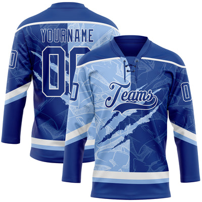 Custom Royal Light Blue-White 3D Pattern Gradient Fashion Scratch Hockey Lace Neck Jersey