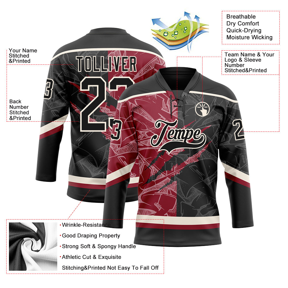 Custom Black Crimson-Cream 3D Pattern Gradient Fashion Scratch Hockey Lace Neck Jersey