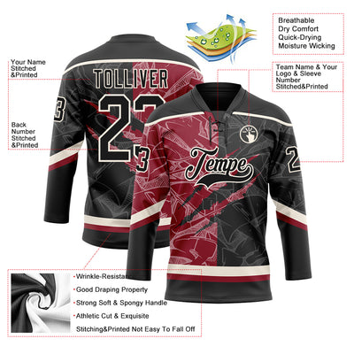Custom Black Crimson-Cream 3D Pattern Gradient Fashion Scratch Hockey Lace Neck Jersey
