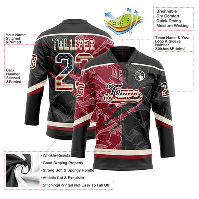 Custom Black Vintage USA Flag Crimson-Cream 3D Pattern Gradient Fashion Scratch Hockey Lace Neck Jersey