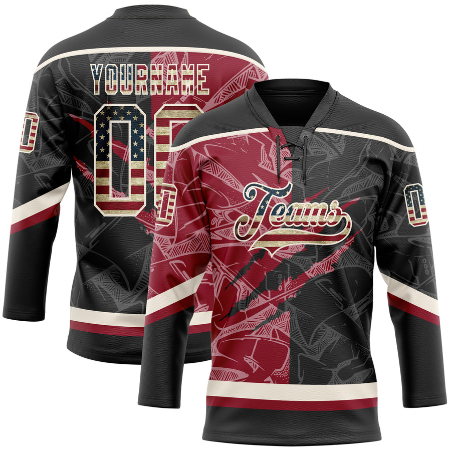 Custom Black Vintage USA Flag Crimson-Cream 3D Pattern Gradient Fashion Scratch Hockey Lace Neck Jersey