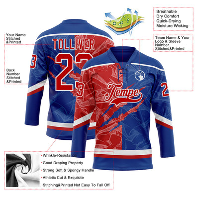 Custom Royal Red-White 3D Pattern Gradient Fashion Scratch Hockey Lace Neck Jersey