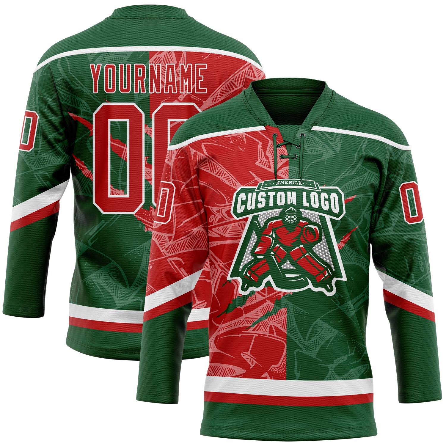 Custom Green Red-White 3D Pattern Gradient Fashion Scratch Hockey Lace Neck Jersey