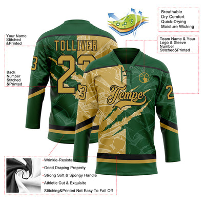 Custom Green Old Gold-Black 3D Pattern Gradient Fashion Scratch Hockey Lace Neck Jersey