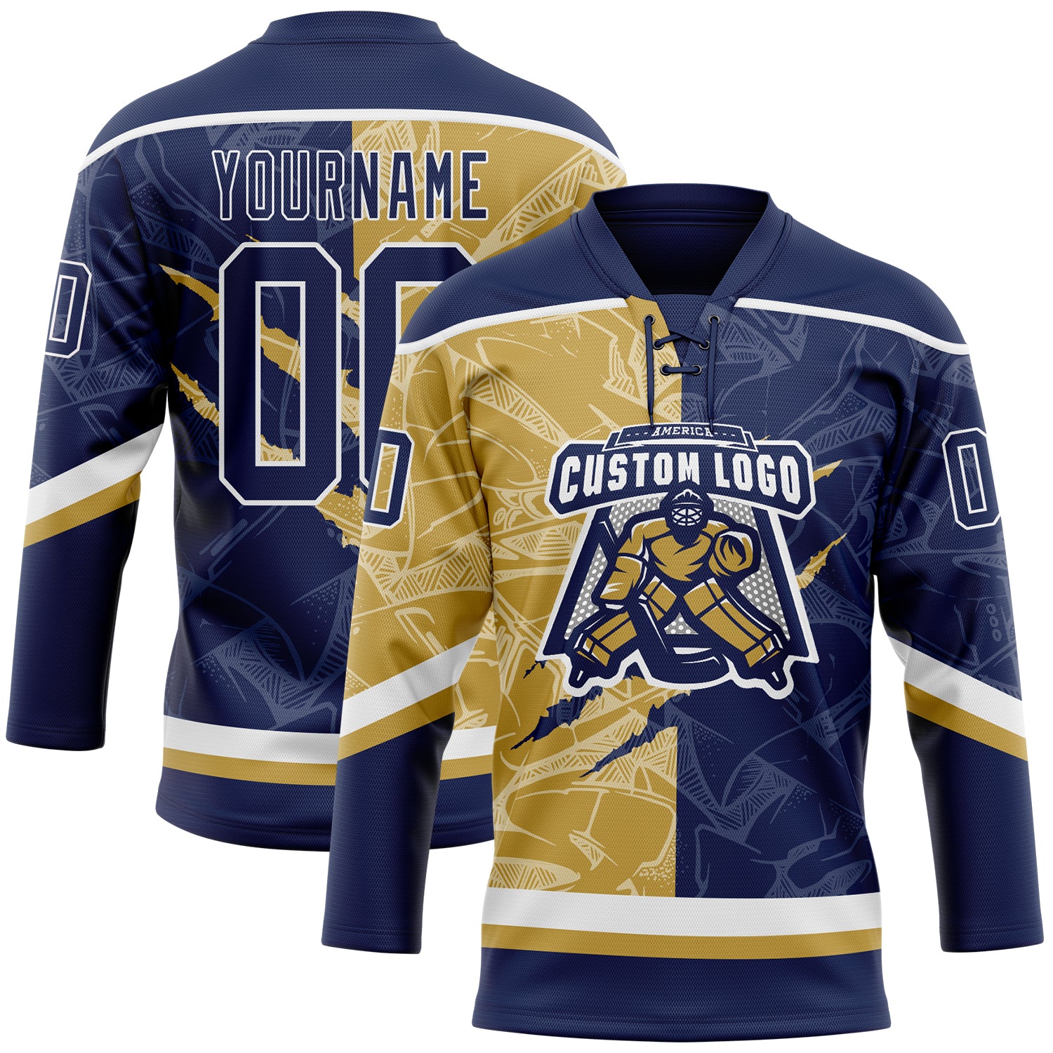 Custom Navy Old Gold-White 3D Pattern Gradient Fashion Scratch Hockey Lace Neck Jersey