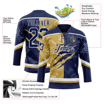 Custom Navy Old Gold-White 3D Pattern Gradient Fashion Scratch Hockey Lace Neck Jersey