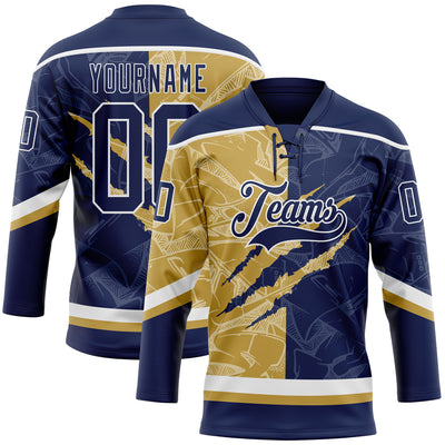 Custom Navy Old Gold-White 3D Pattern Gradient Fashion Scratch Hockey Lace Neck Jersey