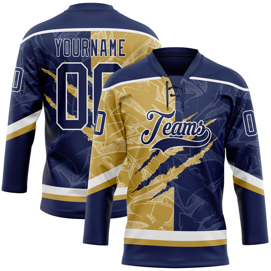 Custom Navy Old Gold-White 3D Pattern Gradient Fashion Scratch Hockey Lace Neck Jersey