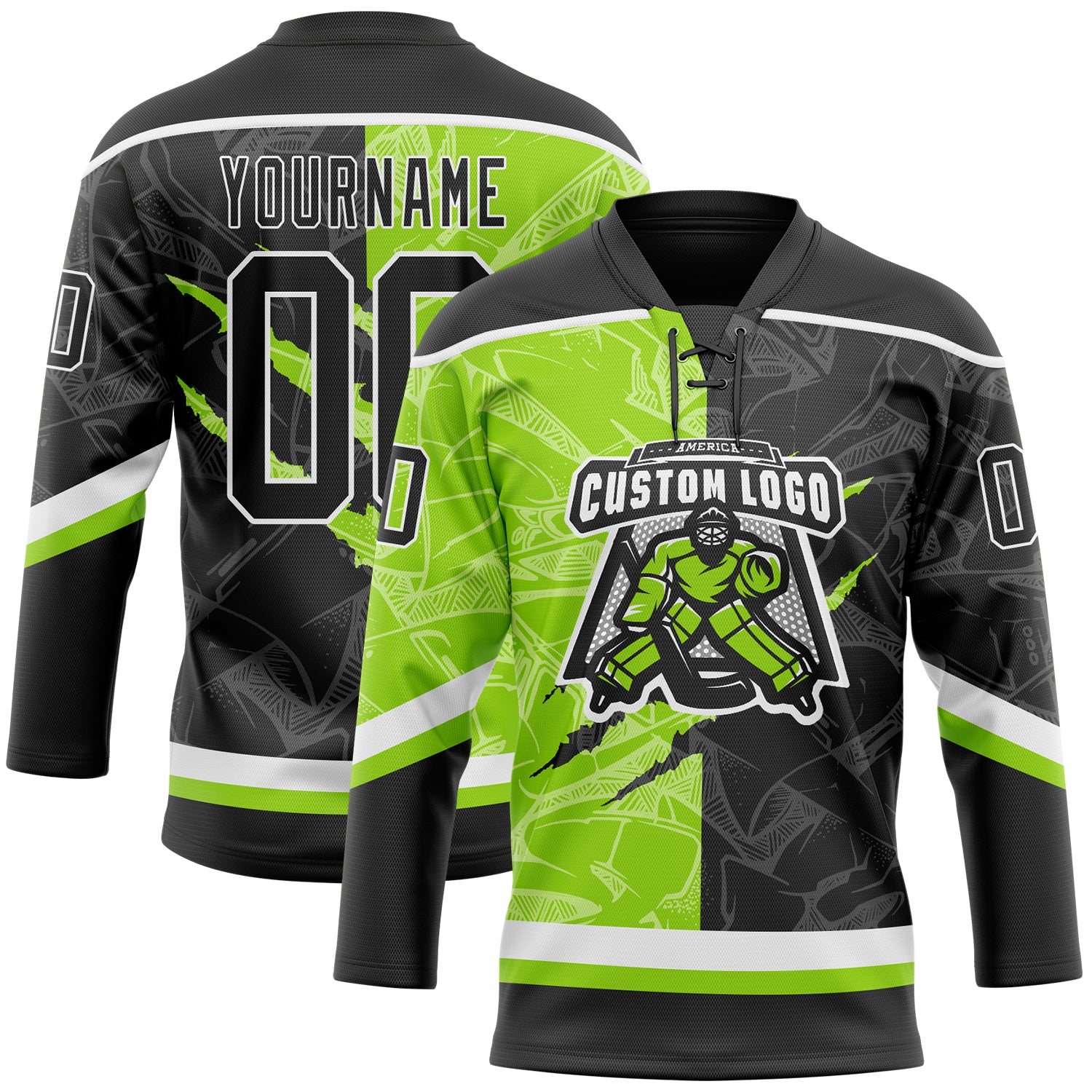 Custom Black Neon Green-White 3D Pattern Gradient Fashion Scratch Hockey Lace Neck Jersey