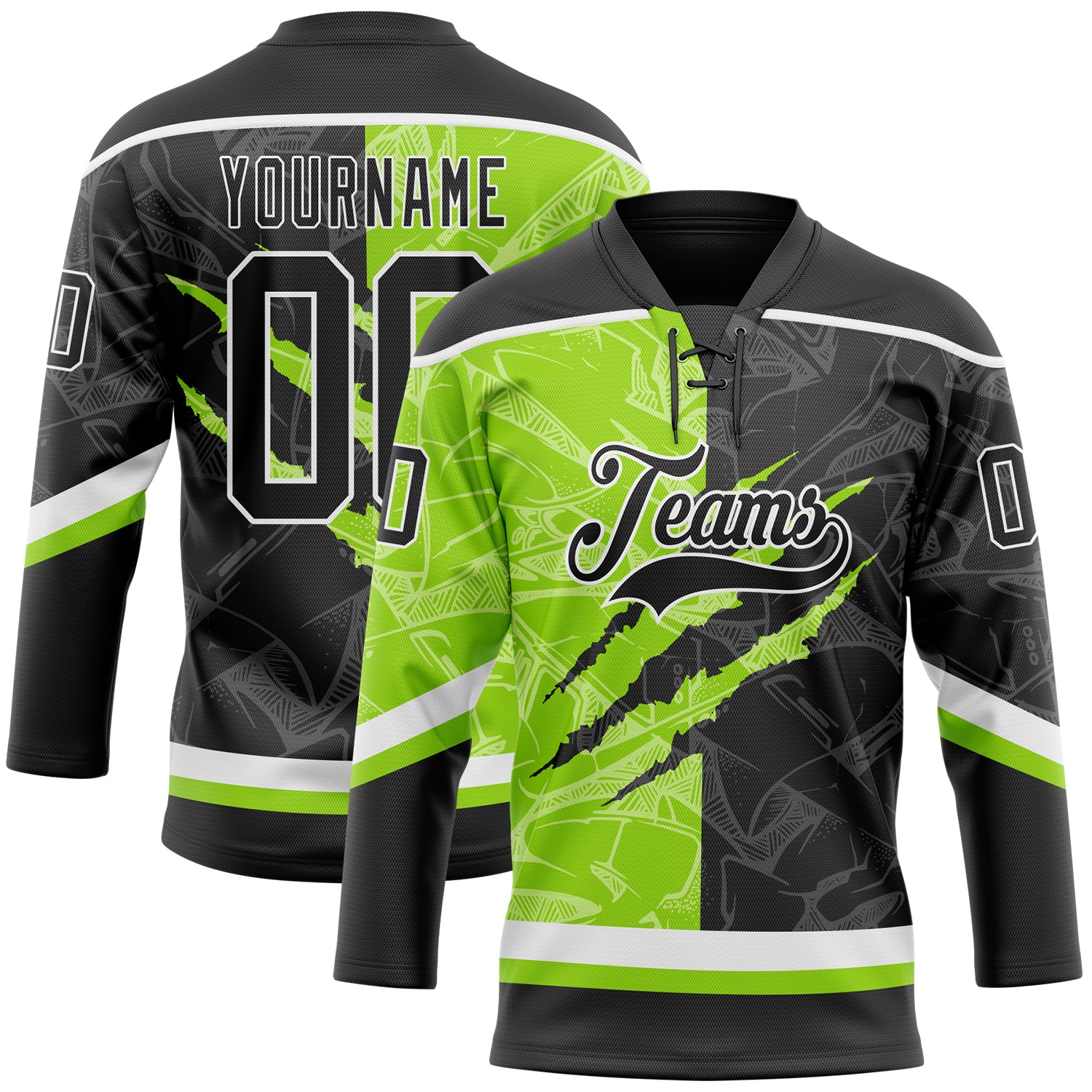 Custom Black Neon Green-White 3D Pattern Gradient Fashion Scratch Hockey Lace Neck Jersey