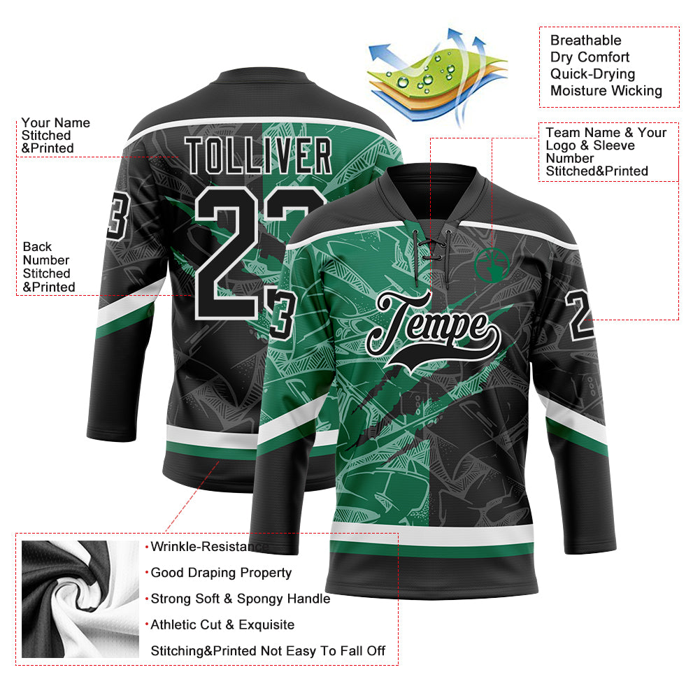 Custom Black Kelly Green-White 3D Pattern Gradient Fashion Scratch Hockey Lace Neck Jersey