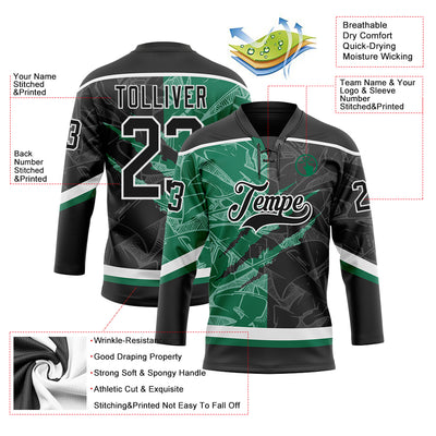 Custom Black Kelly Green-White 3D Pattern Gradient Fashion Scratch Hockey Lace Neck Jersey