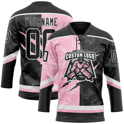 Custom Black Light Pink-White 3D Pattern Gradient Fashion Scratch Hockey Lace Neck Jersey