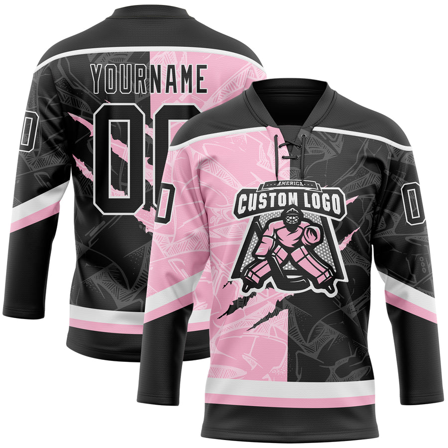 Custom Black Light Pink-White 3D Pattern Gradient Fashion Scratch Hockey Lace Neck Jersey
