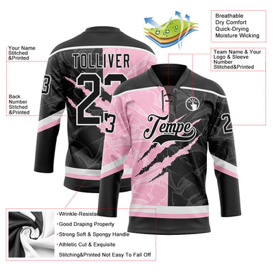 Custom Black Light Pink-White 3D Pattern Gradient Fashion Scratch Hockey Lace Neck Jersey