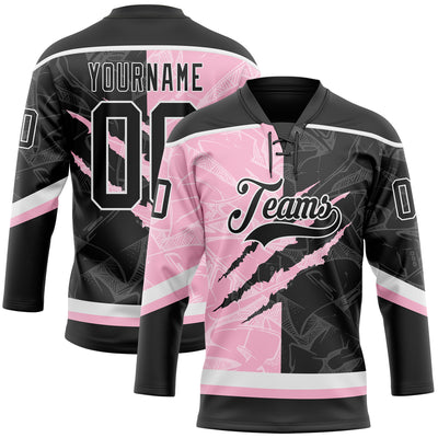 Custom Black Light Pink-White 3D Pattern Gradient Fashion Scratch Hockey Lace Neck Jersey