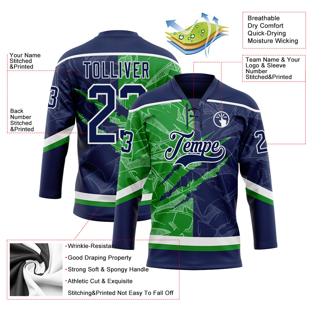 Custom Navy Grass Green-White 3D Pattern Gradient Fashion Scratch Hockey Lace Neck Jersey