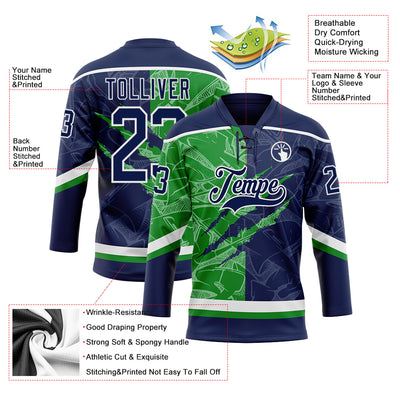 Custom Navy Grass Green-White 3D Pattern Gradient Fashion Scratch Hockey Lace Neck Jersey