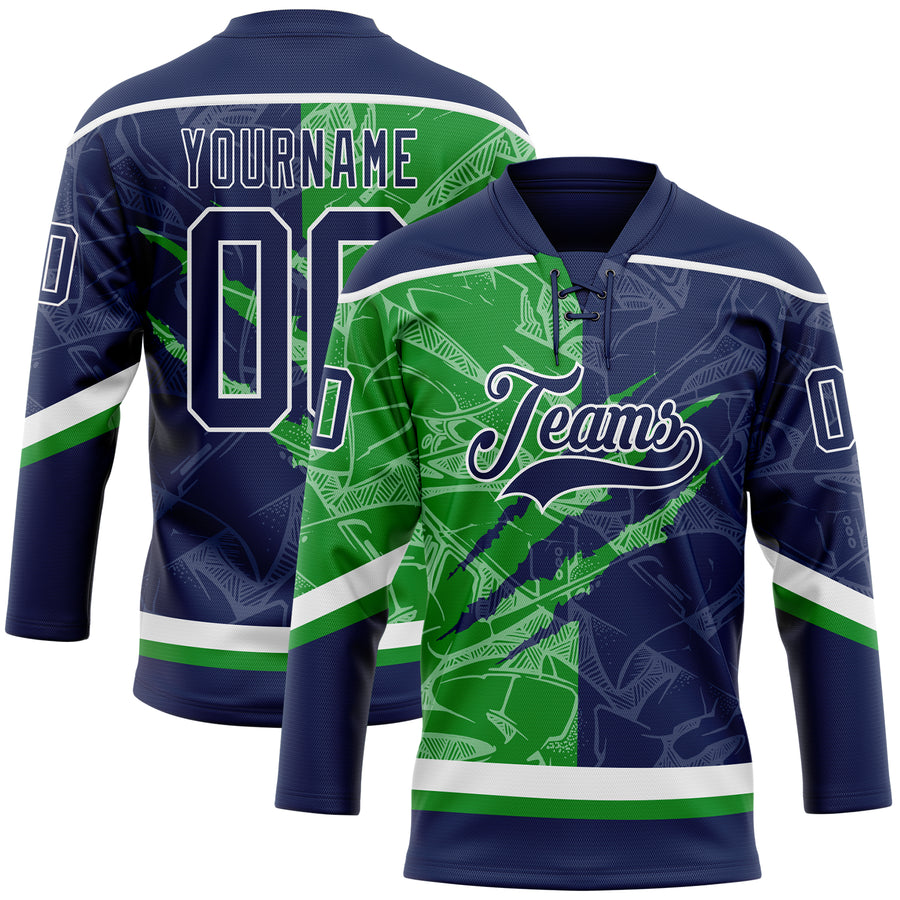 Custom Navy Grass Green-White 3D Pattern Gradient Fashion Scratch Hockey Lace Neck Jersey