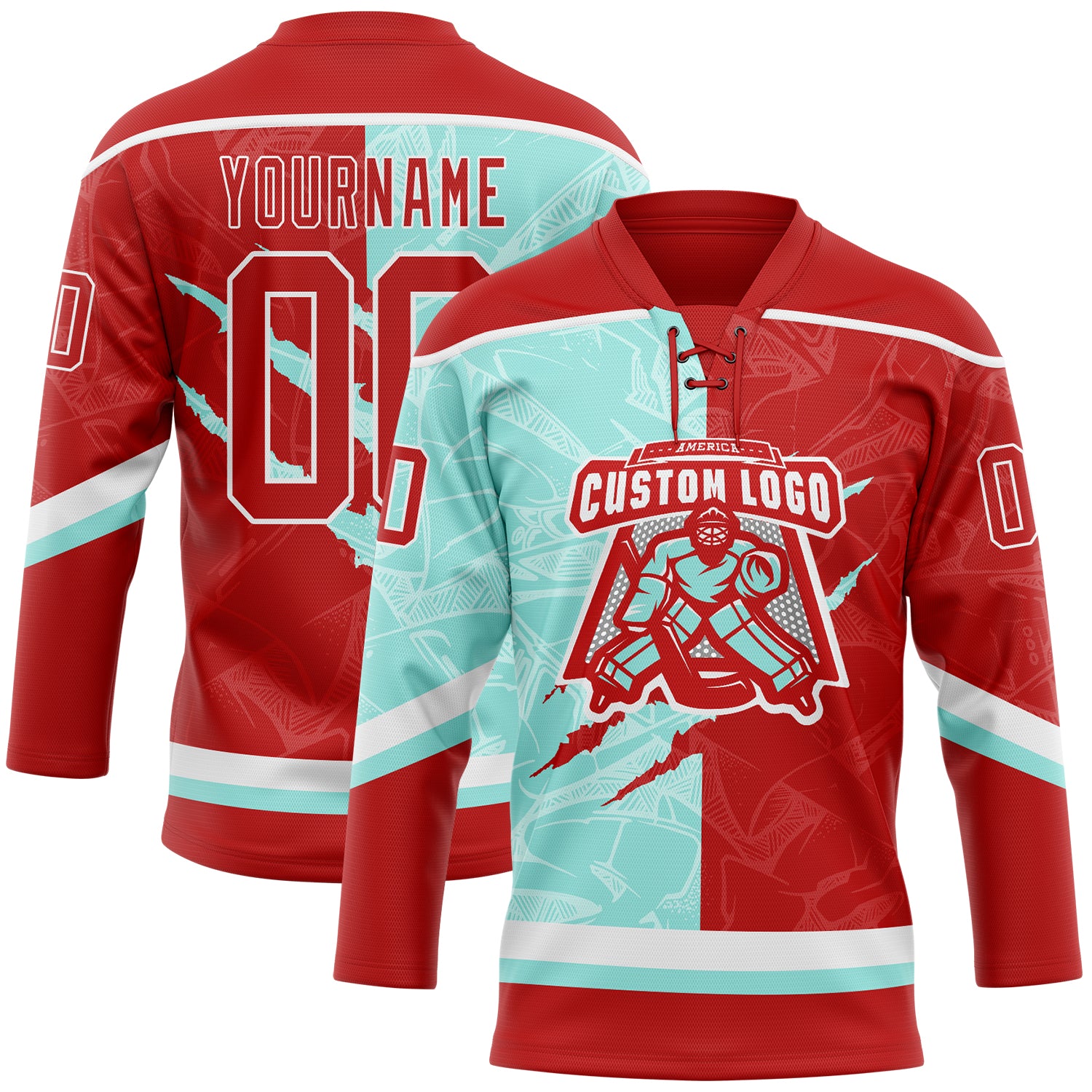 Custom Red Ice Blue-White 3D Pattern Gradient Fashion Scratch Hockey Lace Neck Jersey