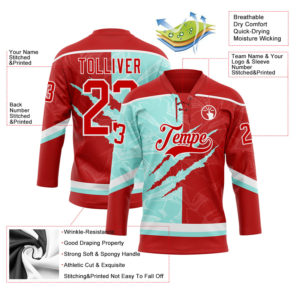 Custom Red Ice Blue-White 3D Pattern Gradient Fashion Scratch Hockey Lace Neck Jersey
