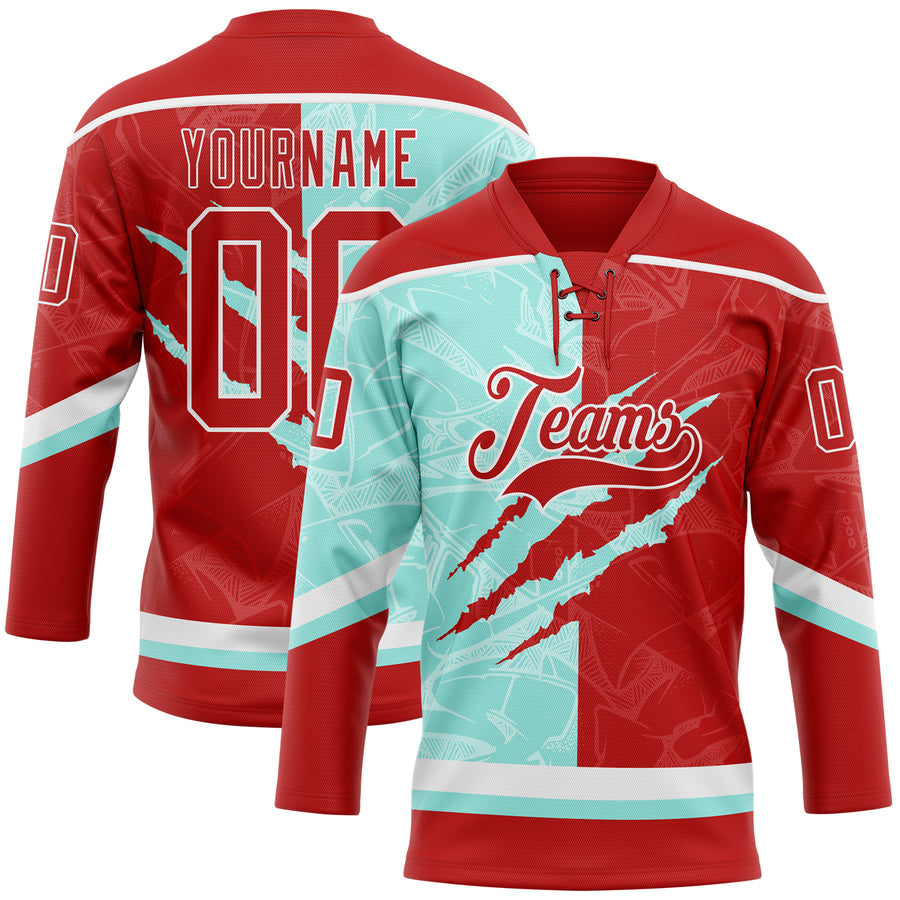 Custom Red Ice Blue-White 3D Pattern Gradient Fashion Scratch Hockey Lace Neck Jersey