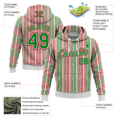 Custom Stitched White Grass Green-Red 3D Christmas Stripe Sports Pullover Sweatshirt Hoodie