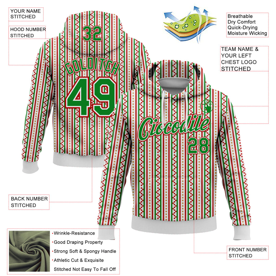 Custom Stitched White Grass Green-Red 3D Christmas Stripe Sports Pullover Sweatshirt Hoodie