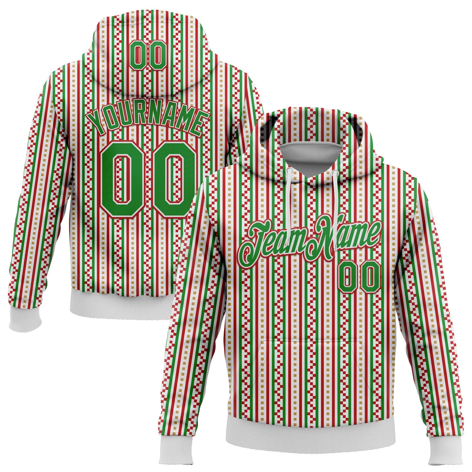 Custom Stitched White Grass Green-Red 3D Christmas Stripe Sports Pullover Sweatshirt Hoodie
