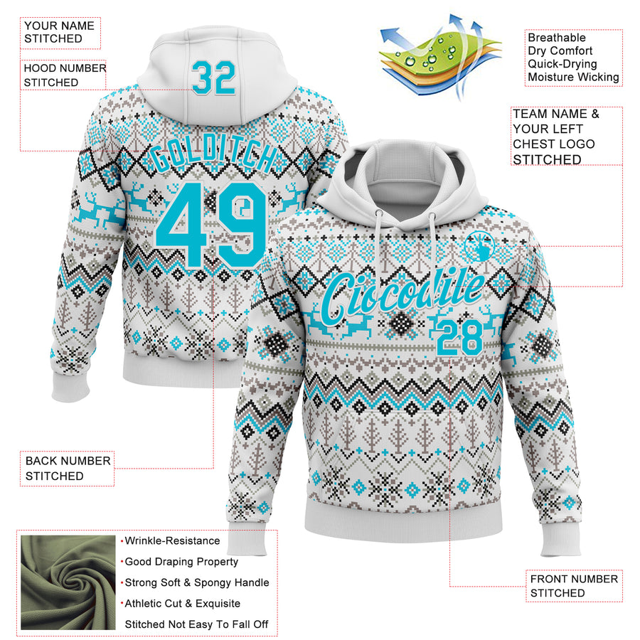 Custom Stitched White Lakes Blue-White 3D Christmas Ugly Sweater Sports Pullover Sweatshirt Hoodie