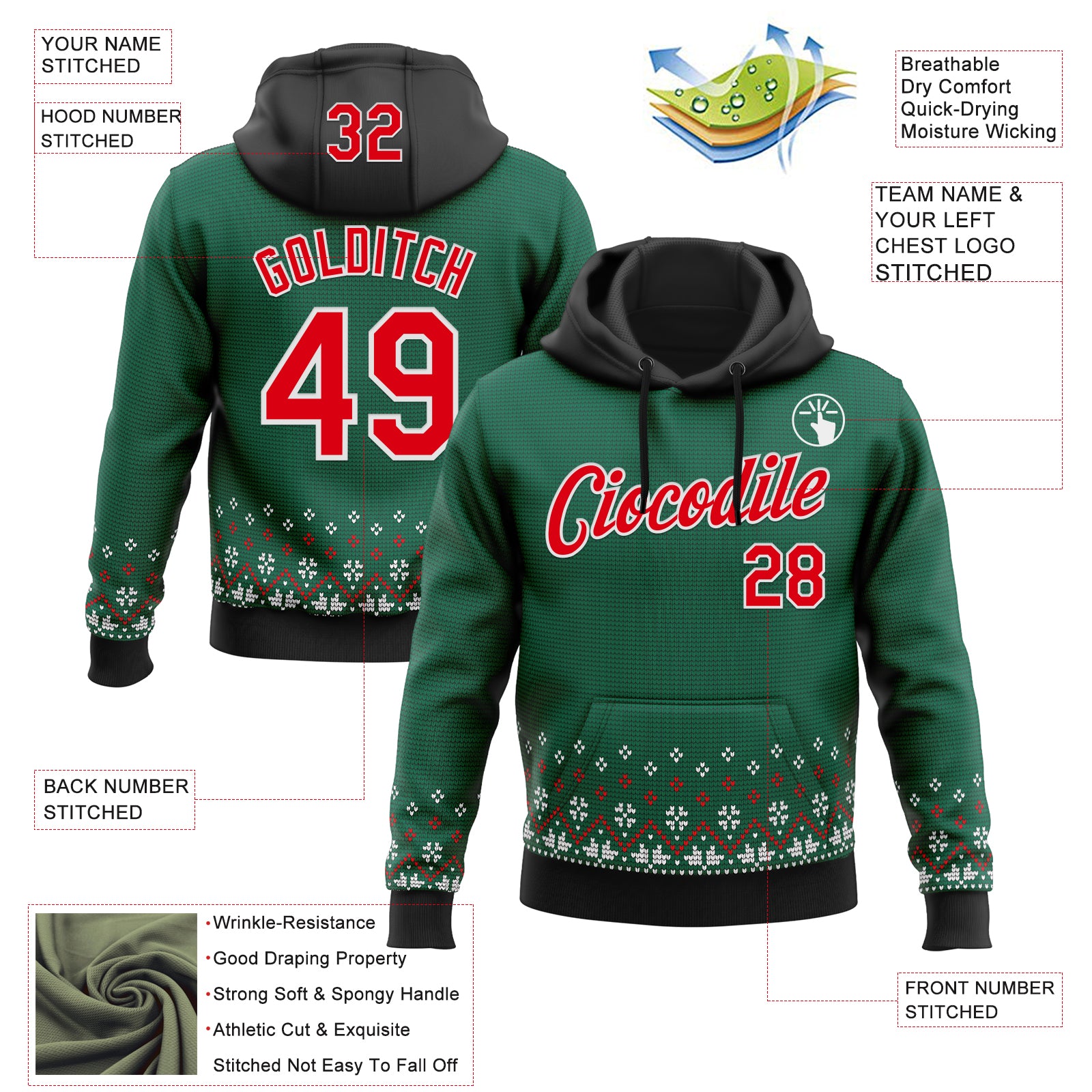 Custom Stitched Green Red-White 3D Christmas Sports Pullover Sweatshirt Hoodie